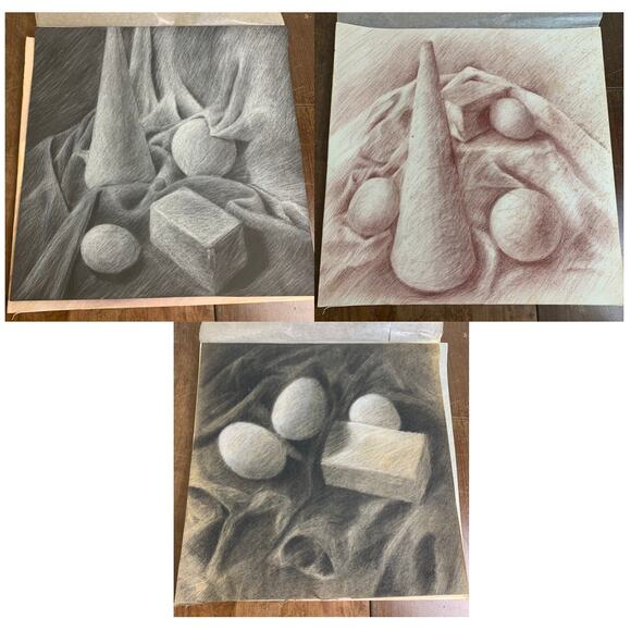 Set of‎ 3 VINTAGE 60s 70s Original Artist Signed Charcoal still life art 20 x 20